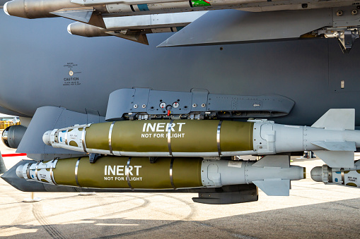 Changi Airport, Singapore - February 12, 2020 : Mark 82 (Mk82) Bombs Mounted On Fighter Jet.