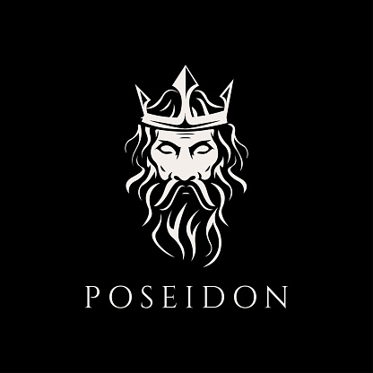 Poseidon Neptune god logo icon, tritont trident crown logo icon vector template on black background