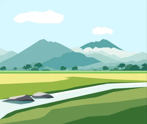 Vector illustration of Beautiful ricefield landscape with mountains and river vector illustration