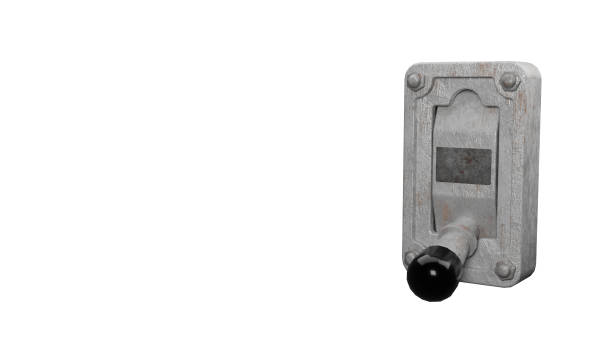 istock Closeup of a rusty vintage lever on a wall 3d render illustration, with copy space to the left on the white background. 1503200672