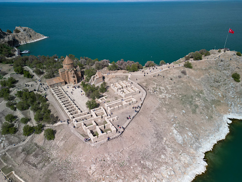 An aerial view of the historical Armenian Church of the Holy Cross in Turkey