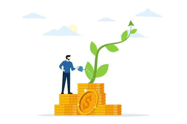 Vector illustration of Investment growth or business growth, A businessman watering a small plant shaped like a growth chart. make profit in stock market or income growth concept. flat vector illustration.