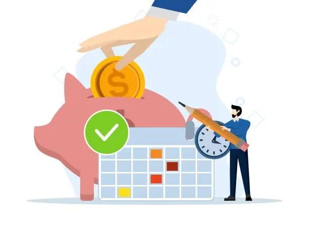 Vector illustration of Money saving concept Daily, monthly and yearly savings Strictly. Financial planning ensures financial stability. Businessman keeps keeping date on calendar. flat vector illustration on background.