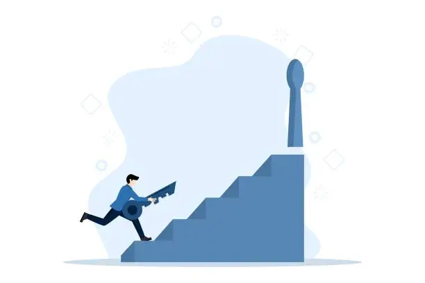 Vector illustration of Businessman holding golden key Success business concept. businessman holding keys and walking up stairs. Key concepts for success in business. flat vector illustration on a white background.