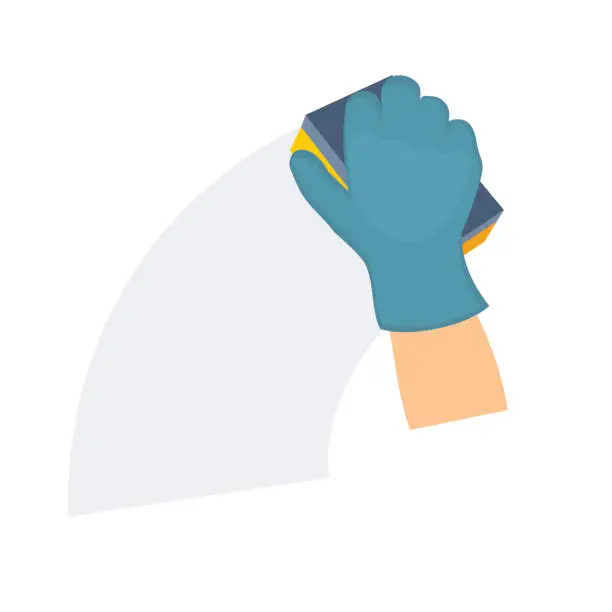 Vector illustration of Cleaning. Gloved hand cleans with a sponge