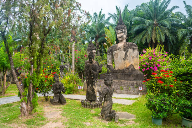 views of famous buddha park in vientiane, laos vientiane, laos. 31th may 2023: views of many sculpture of buddha park. it contains over 200 Hindu and Buddhist statues vientian stock pictures, royalty-free photos & images