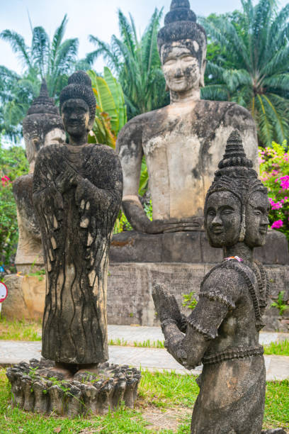 views of famous buddha park in vientiane, laos vientiane, laos. 31th may 2023: views of many sculpture of buddha park. it contains over 200 Hindu and Buddhist statues vientian stock pictures, royalty-free photos & images