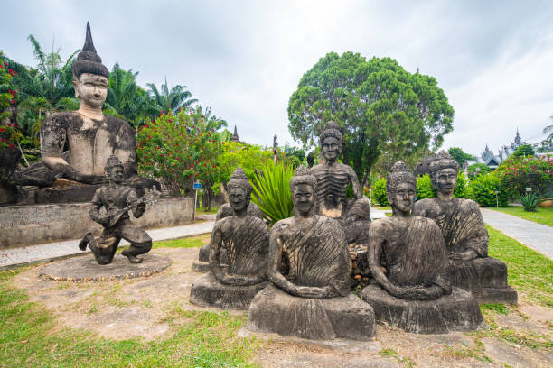 views of famous buddha park in vientiane, laos vientiane, laos. 31th may 2023: views of many sculpture of buddha park. it contains over 200 Hindu and Buddhist statues vientian stock pictures, royalty-free photos & images