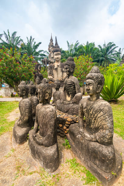views of famous buddha park in vientiane, laos vientiane, laos. 31th may 2023: views of many sculpture of buddha park. it contains over 200 Hindu and Buddhist statues vientian stock pictures, royalty-free photos & images
