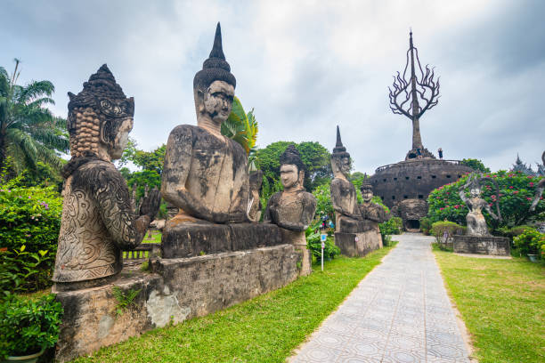 views of famous buddha park in vientiane, laos vientiane, laos. 31th may 2023: views of many sculpture of buddha park. it contains over 200 Hindu and Buddhist statues vientian stock pictures, royalty-free photos & images