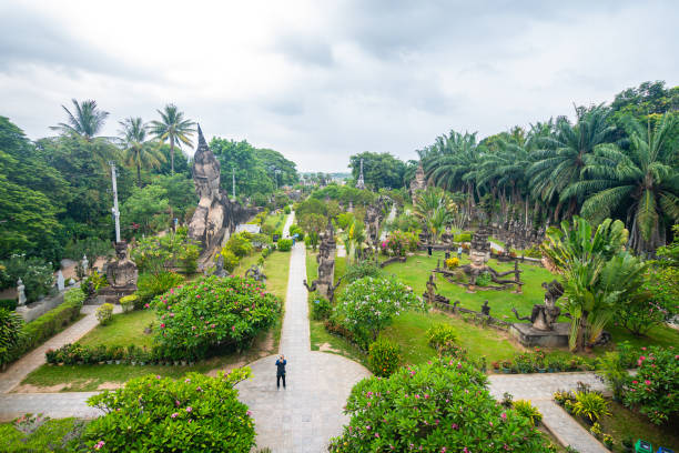views of famous buddha park in vientiane, laos vientiane, laos. 31th may 2023: views of many sculpture of buddha park. it contains over 200 Hindu and Buddhist statues vientian stock pictures, royalty-free photos & images