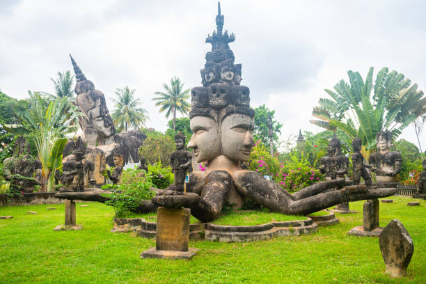 views of famous buddha park in vientiane, laos vientiane, laos. 31th may 2023: views of many sculpture of buddha park. it contains over 200 Hindu and Buddhist statues vientian stock pictures, royalty-free photos & images