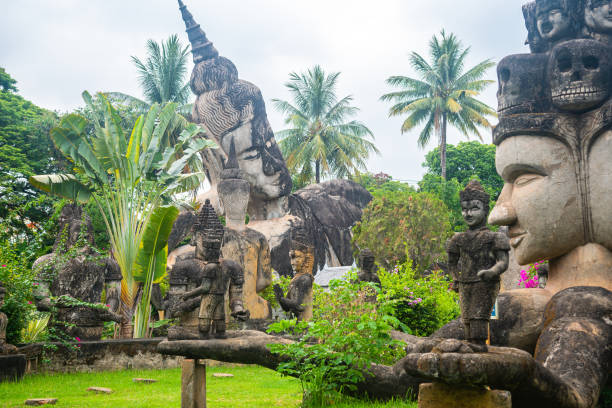 views of famous buddha park in vientiane, laos vientiane, laos. 31th may 2023: views of many sculpture of buddha park. it contains over 200 Hindu and Buddhist statues vientian stock pictures, royalty-free photos & images