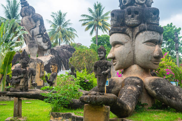 views of famous buddha park in vientiane, laos vientiane, laos. 31th may 2023: views of many sculpture of buddha park. it contains over 200 Hindu and Buddhist statues vientian stock pictures, royalty-free photos & images