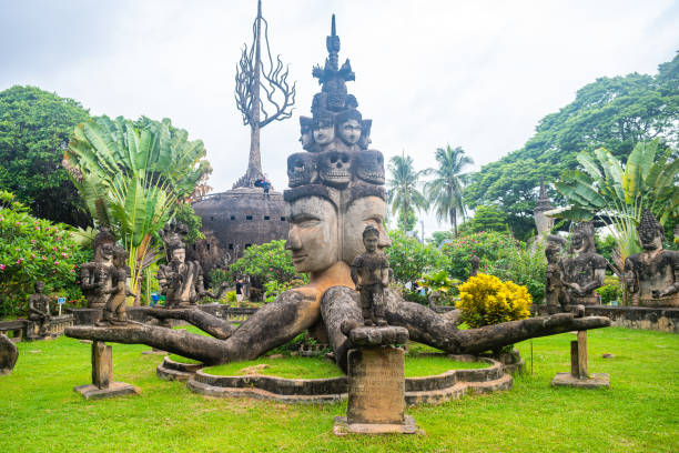 views of famous buddha park in vientiane, laos vientiane, laos. 31th may 2023: views of many sculpture of buddha park. it contains over 200 Hindu and Buddhist statues vientian stock pictures, royalty-free photos & images