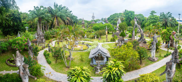 views of famous buddha park in vientiane, laos vientiane, laos. 31th may 2023: views of many sculpture of buddha park. it contains over 200 Hindu and Buddhist statues vientian stock pictures, royalty-free photos & images