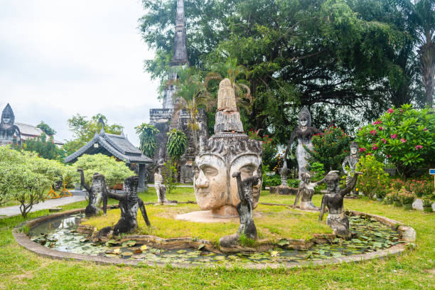 views of famous buddha park in vientiane, laos vientiane, laos. 31th may 2023: views of many sculpture of buddha park. it contains over 200 Hindu and Buddhist statues vientian stock pictures, royalty-free photos & images
