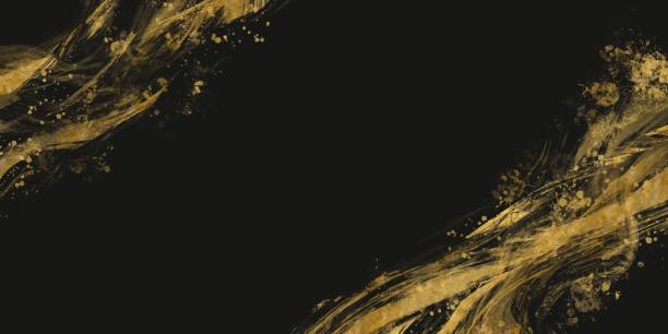 istock Japanese style dark abstract horizontal template. Gold brushstrokes and splashes on diagonal lines on black background 1503206413