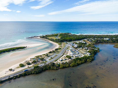 Aerial view of the coastal town of Hastings Point in northern New South Wales, Australia
