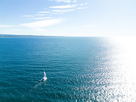 Sails folded and lashed to the bow on the Atlantic Ocean in Maine, USA