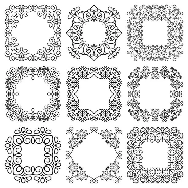 Vector illustration of Set of square wide floral frames and vignettes