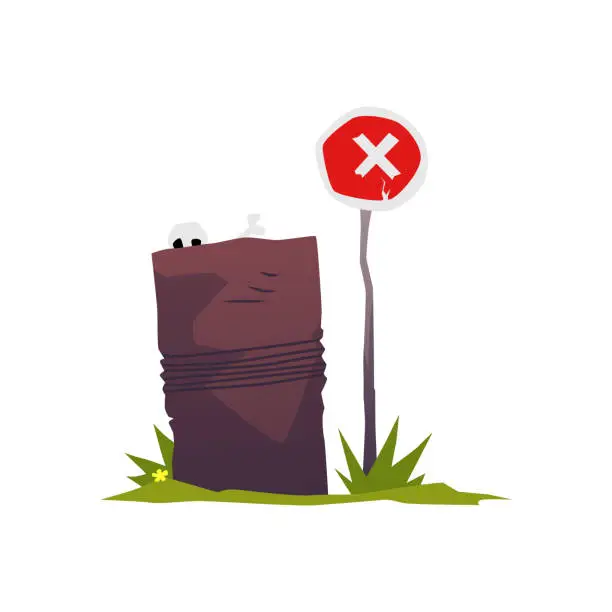 Vector illustration of Vector illustration isolated of rusty trash can with a stop sign next to it, destroyed garbage bin, apocalypse concept