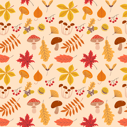 Seamless pattern of autumn plant elements. Vector illustration of fruits, mushrooms and leaves in autumn colours. Flat style.