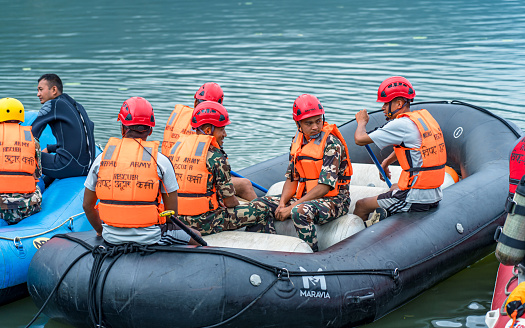 Rescue team stand by position during Nepal-China Friendship Dragon Boat Race Festival held at Phewa Lake, Pokhara,  Nepal, on  Friday June 23, 2023