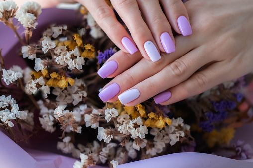 Women's hands with a fashionable very peri manicure against the background of dried flowers. Spring-summer nail design