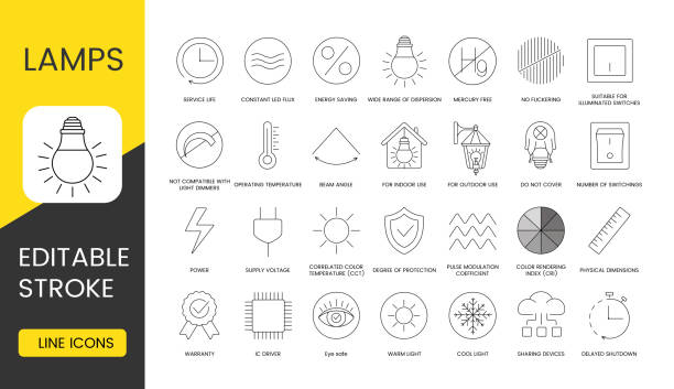 Set of line icons in vector for lamp packaging, technical specifications illustration, constant led flux and service life, energy saving and wide range of dispersion, mercury free. Editable stroke. Set of line icons in vector for lamp packaging, technical specifications illustration, constant led flux and service life, energy saving and wide range of dispersion, mercury free. Editable stroke specifications icon stock illustrations