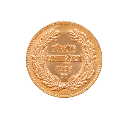 Turkish Gold Coin Back Called Besli Ata  On White Background.