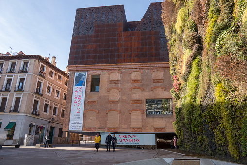 Madrid Spain on January 9, 2023  The contemporary CaixaForum museum in the Paseo del Prado center of Madrid, Spain