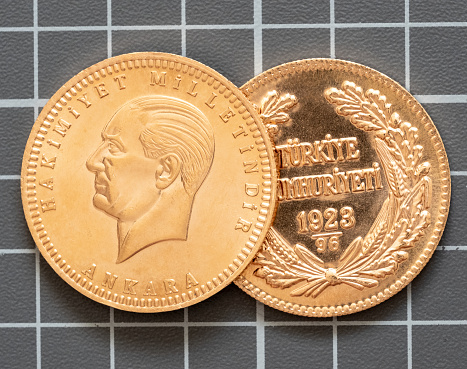 Turkish Gold Coin Back Called Besli Ata  On White Background.