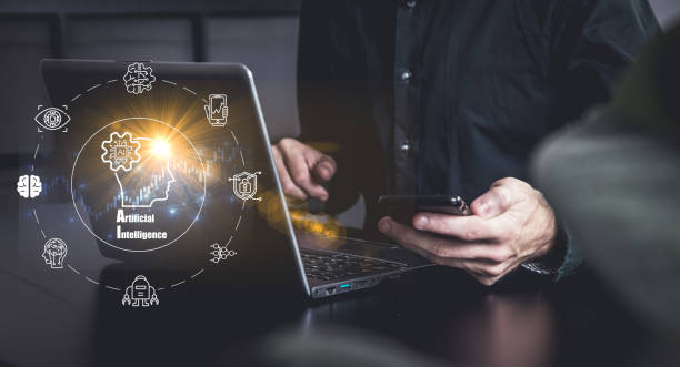 Beschreibung ai chat es bot a inteligente y hitech para comunicarse con humanos. conexión ai a la red cibernética global para chatear concepto. la nueva tecnología en el futuro puede ayudar a todas las empresas a conectarse en línea en el ciberespacio