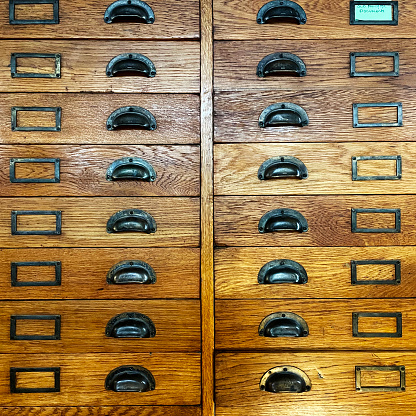 close-up of a very old apothecary cabinet