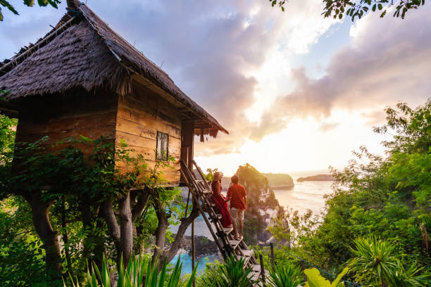Young couple traveler enjoying and looking beautiful sunrise at the tree house in Nusa Penida island Bali, Indonesia stock photo