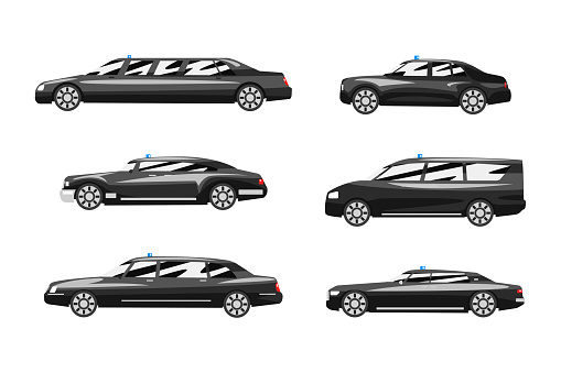 Government Vehicles with Black Presidential Auto with Siren Side View Vector Set. Luxury Business Transportation