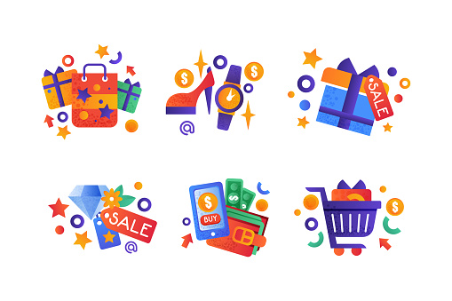 Shopping Flat and Colorful Icon with Bag, Box, Shoe, Cart, Price Tag and Wallet with Smartphone Vector Set. Commerce and Retail Purchase Concept