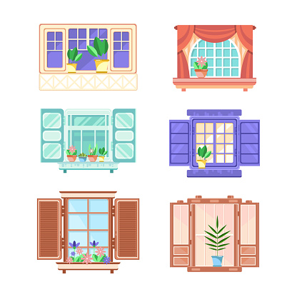 Hinged or Sash Window with Shutters and Flower Pot Rested on Sill Vector Set. Casement or Folding Window as Architecture Exterior and Facade Element Concept
