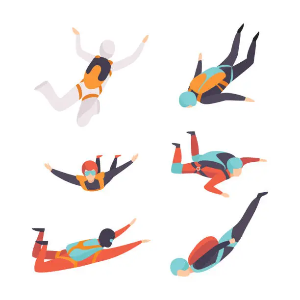 Vector illustration of Man Character Skydiving Falling Down with Parachute Vector Set
