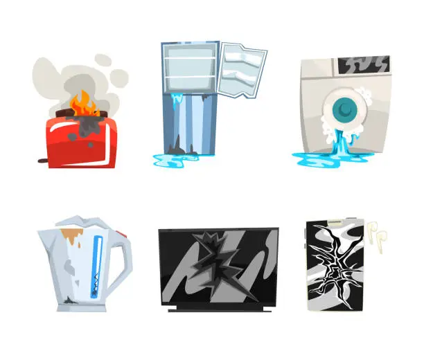 Vector illustration of Broken Home Appliance with Kettle, Toaster, Washing Machine, Fridge, Tv and Player Vector Set