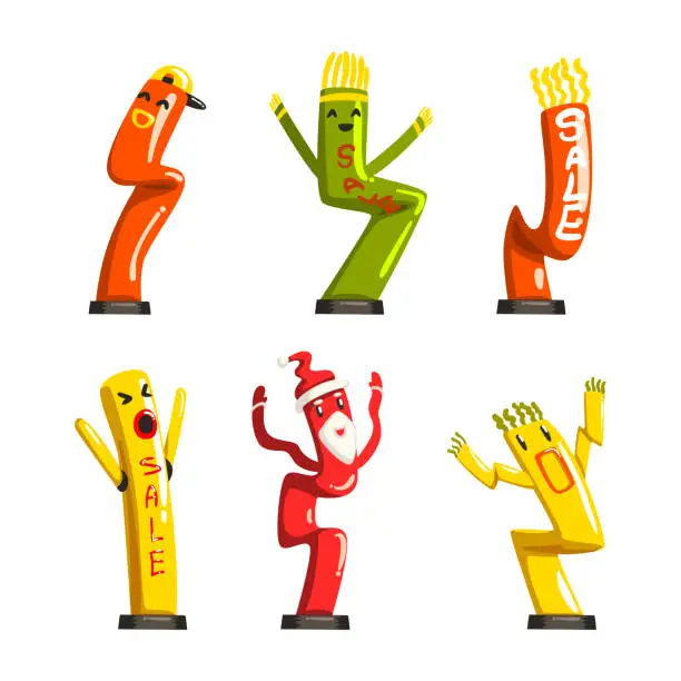 Vector illustration of Dancing Inflatable Colorful Tube Man Waving Hands Vector Set