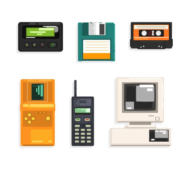 Vector illustration of Different Retro Gadgets with Floppy, Cassette, Phone, Computer and Tetris Vector Set