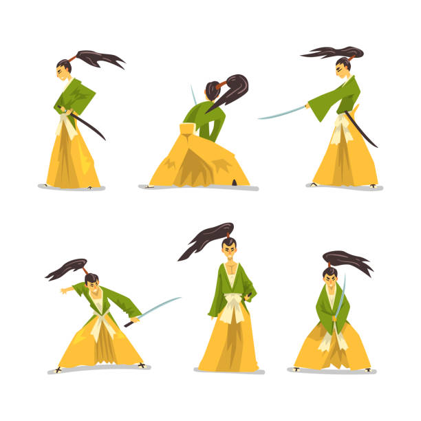ilustrações, clipart, desenhos animados e ícones de samurai em luta de quimono tradicional com katana sword vector set - blade war traditional culture japanese culture
