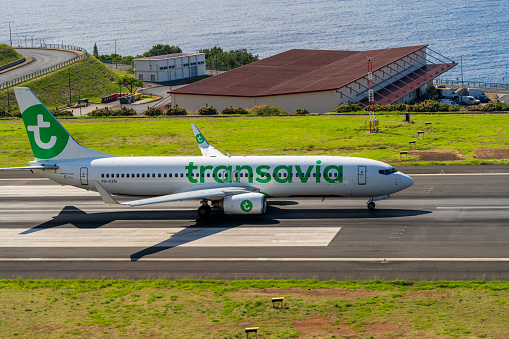 Funchal, Madeira - June 22, 2023: Transavia Boeing 737-800 (PH-HXN) taxiing at Funchal Airport.