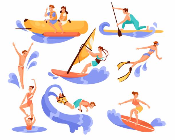 ludzie postacie uprawiające sporty wodne z zestawem wektorowym blue wave - nautical vessel journey diving flipper stock illustrations