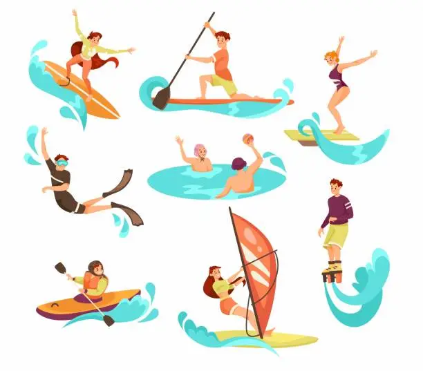 Vector illustration of People Characters Doing Water Sport Activity with Turquoise Wave Vector Set
