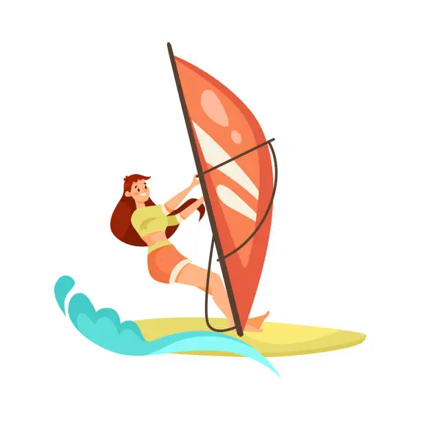 Vector illustration of Woman Character Windsurfing with Turquoise Wave Doing Water Sport Activity Vector Illustration