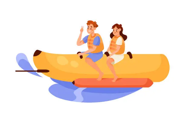 Vector illustration of Man and Woman Character Riding Banana Boat Doing Water Sport Activity Vector Illustration