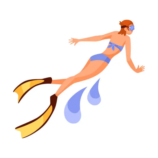 Vector illustration of Woman Character Floating Underwater in Goggles and Flippers Doing Water Sport Activity Vector Illustration